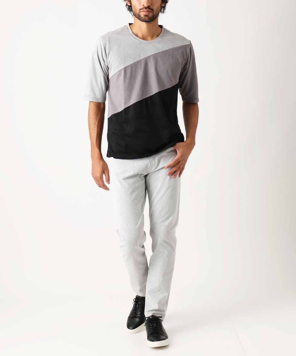 MKKIX06069 MK MICHEL KLEIN HOMME(MKミッシェルクランオム) 【洗える】五分袖カットソー/スエード切り替えシルキーポンチ ネイビー