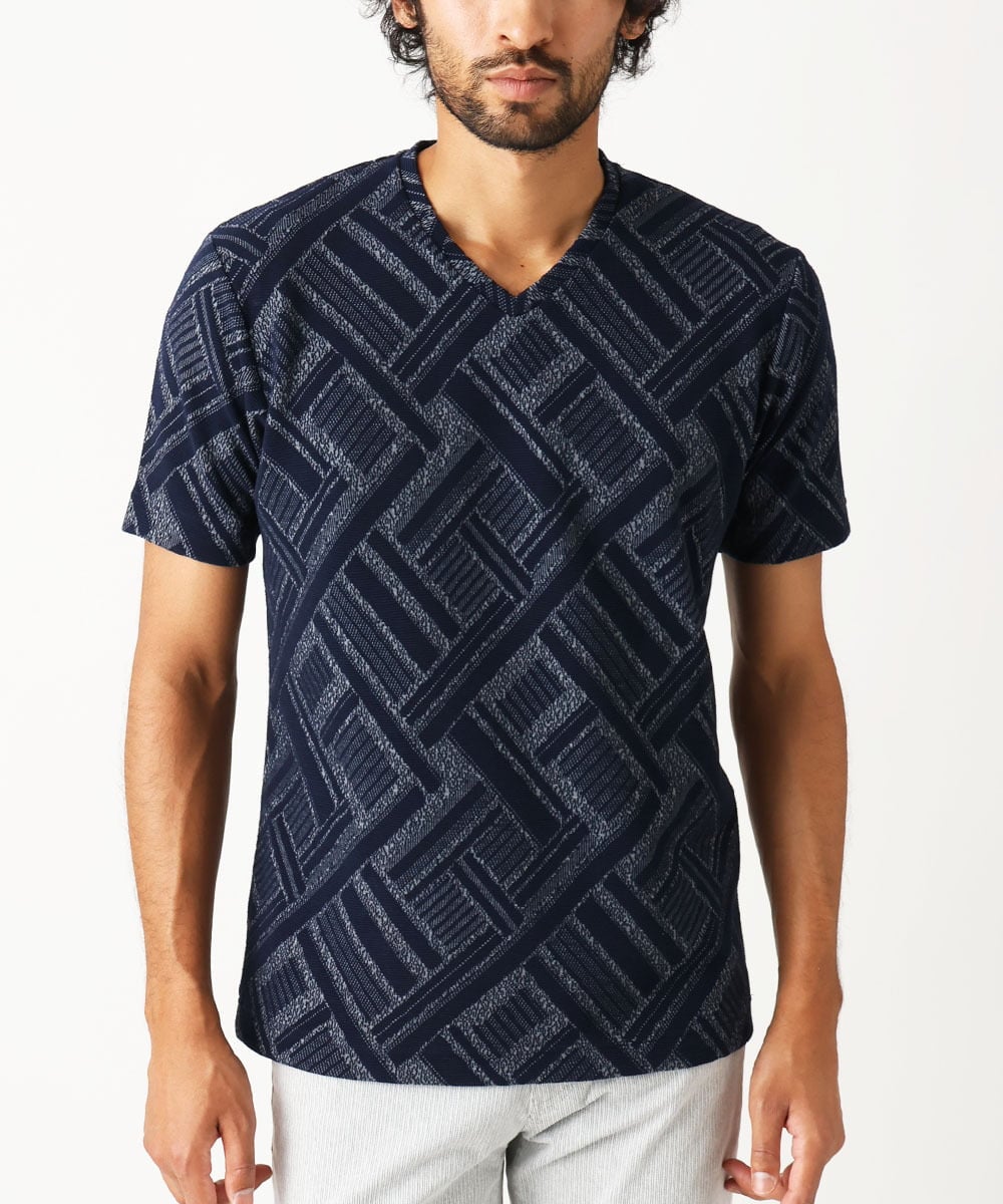 MKKIX24069 MK MICHEL KLEIN HOMME(MKミッシェルクランオム) 【洗える】カットソー/シェブロンフクレジャガード ネイビー