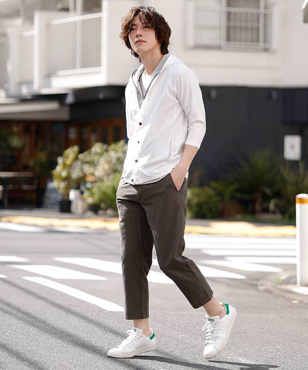 MKLGO12090 MK MICHEL KLEIN HOMME(MKミッシェルクランオム) 【麻混 / 清涼感 / リラックス】ウエストシャーリングクロップドパンツ  カーキ(36)