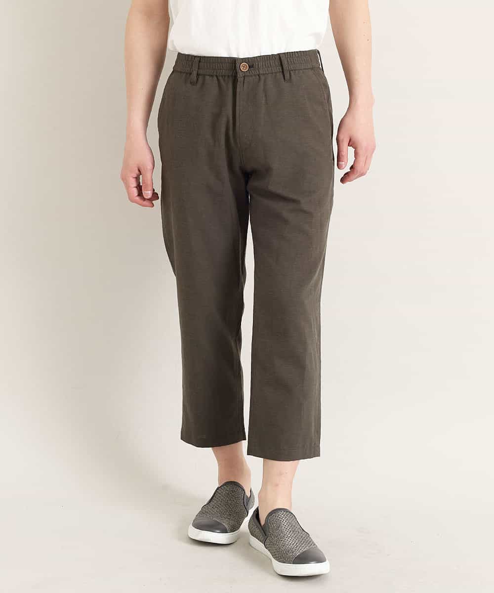 MKLGO12090 MK MICHEL KLEIN HOMME(MKミッシェルクランオム) 【麻混 / 清涼感 / リラックス】ウエストシャーリングクロップドパンツ  カーキ(36)