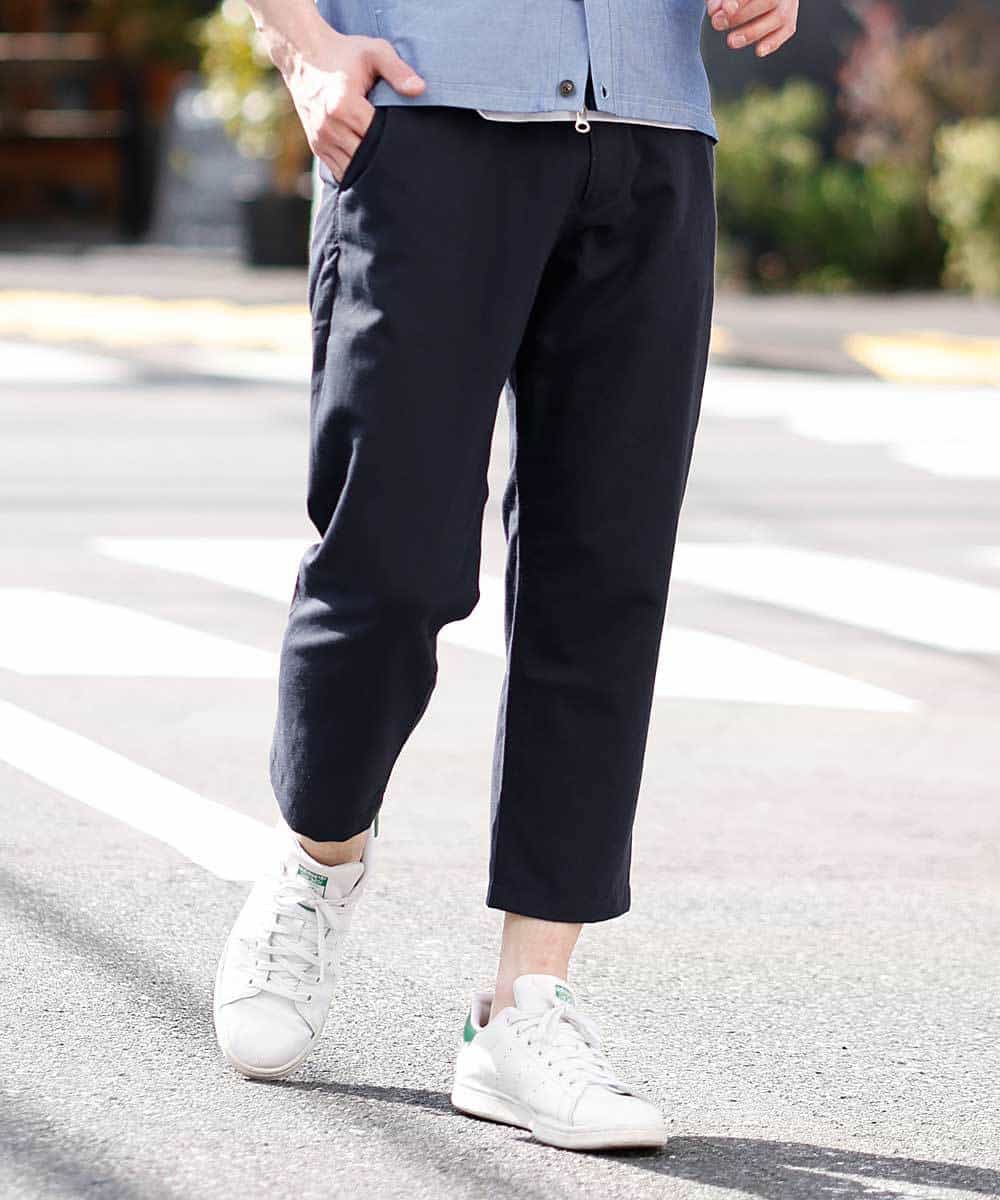 MKLGO12090 MK MICHEL KLEIN HOMME(MKミッシェルクランオム) 【麻混 / 清涼感 / リラックス】ウエストシャーリングクロップドパンツ  ネイビー(57)
