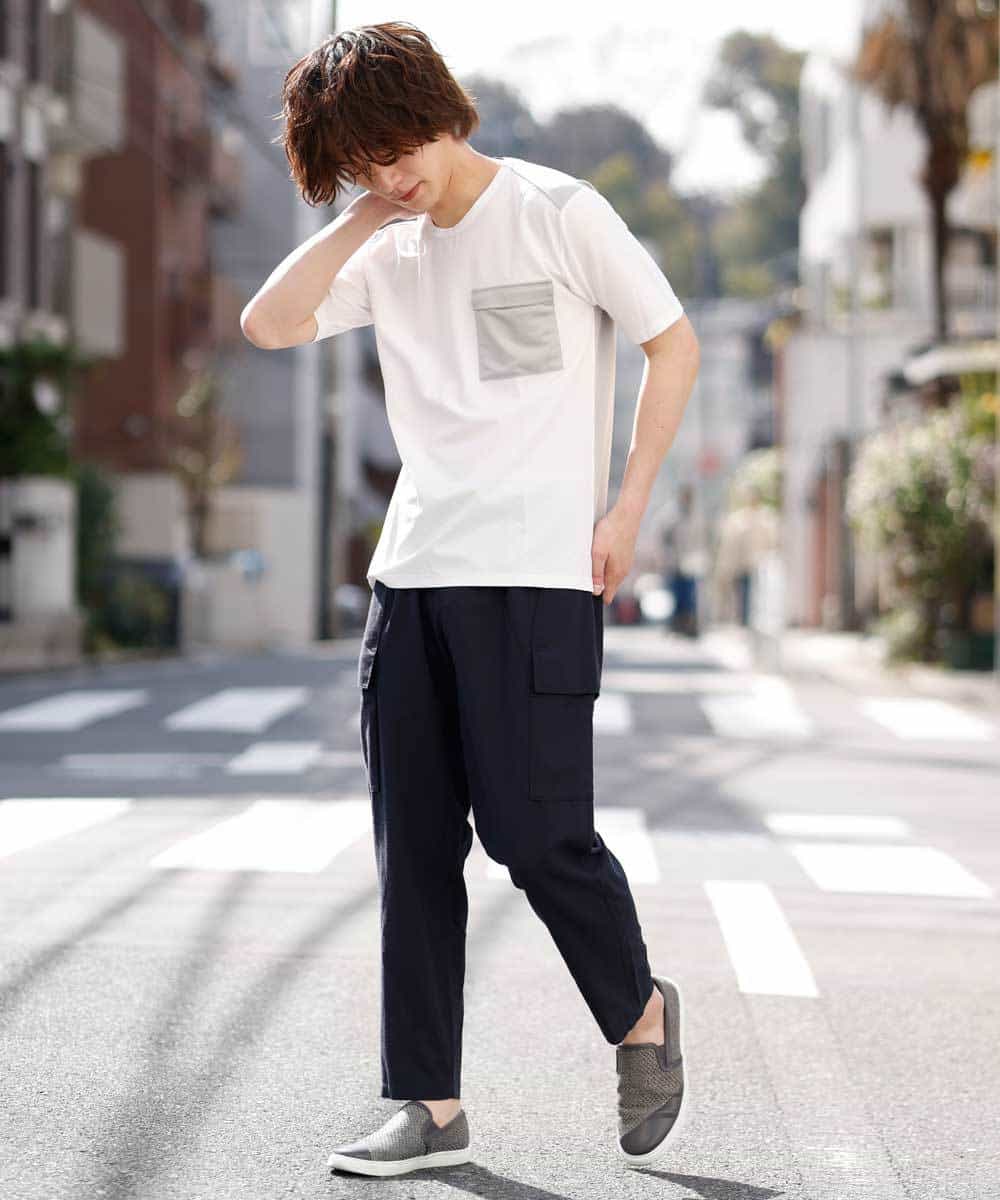 MKLGO70090 MK MICHEL KLEIN HOMME(MKミッシェルクランオム) 【麻混 / 清涼感 / リラックス】ユニセックスWポケットカーゴパンツ  ネイビー(57)