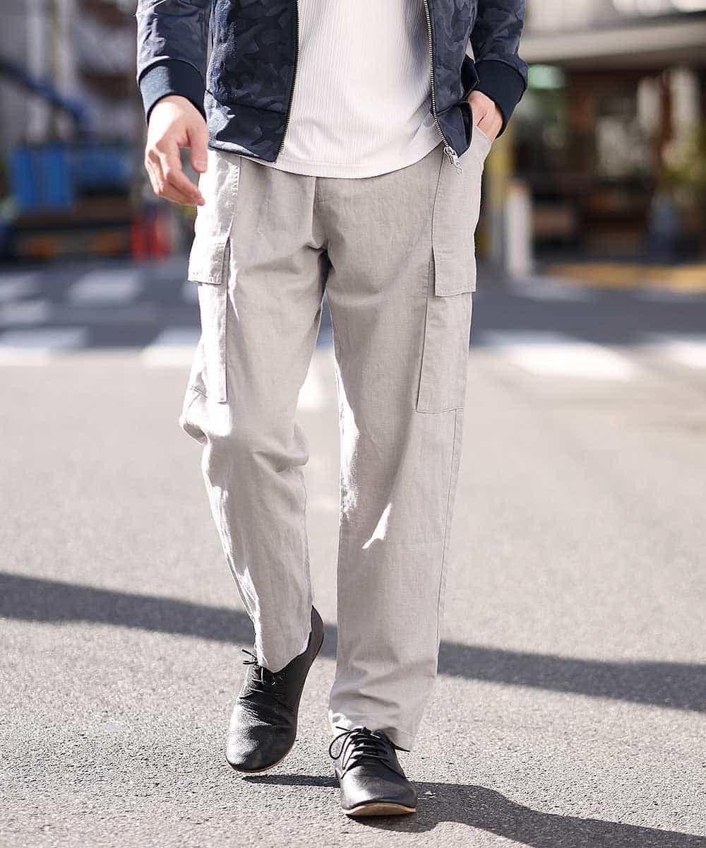 MKLGO70090 MK MICHEL KLEIN HOMME(MKミッシェルクランオム) 【麻混 / 清涼感 / リラックス】ユニセックスWポケットカーゴパンツ  ライトグレー(91)