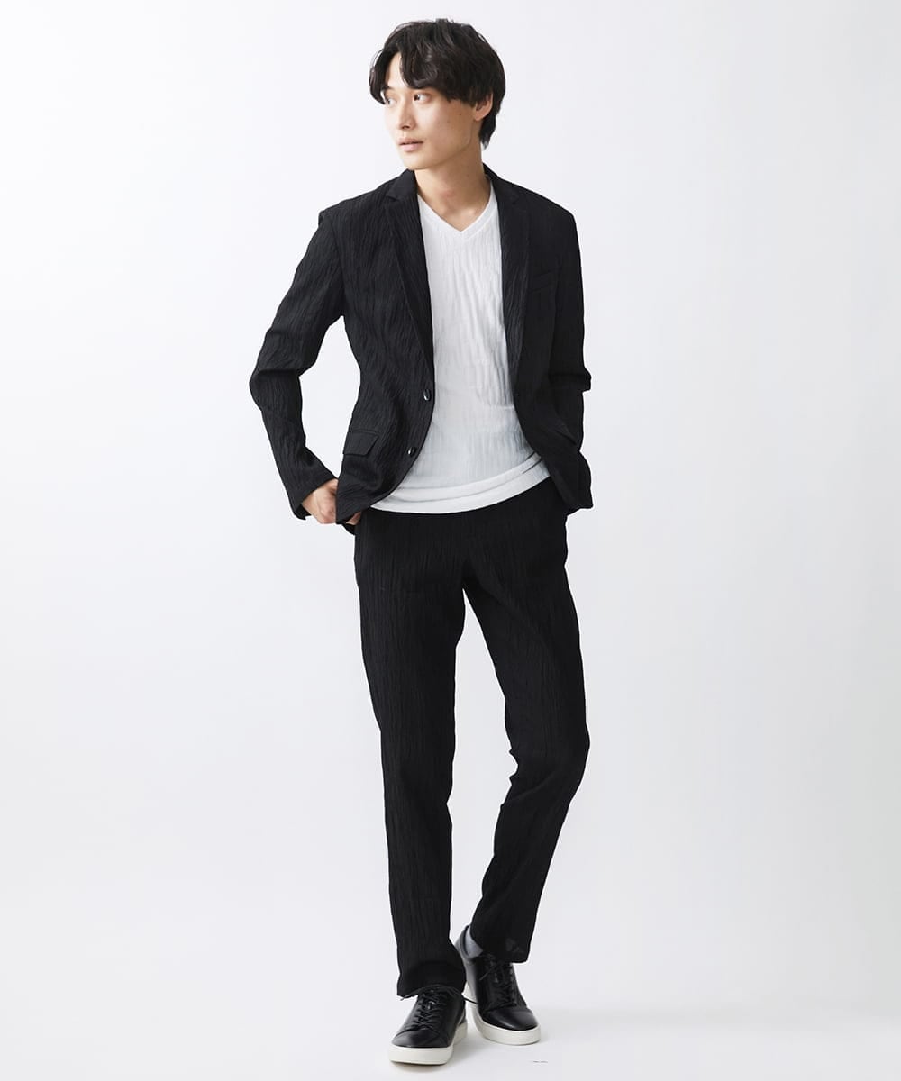 MKLGV73160 MK MICHEL KLEIN HOMME(MKミッシェルクランオム) リネンタッチ楊柳スラックスパンツ【セットアップ対応】 ブラック