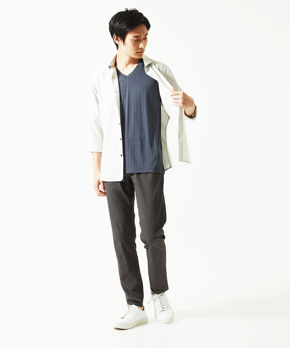 MKLHC01090 MK MICHEL KLEIN HOMME(MKミッシェルクランオム) 【洗える / 快適清涼素材】サマーサッカーストライプパンツ ダークグレー