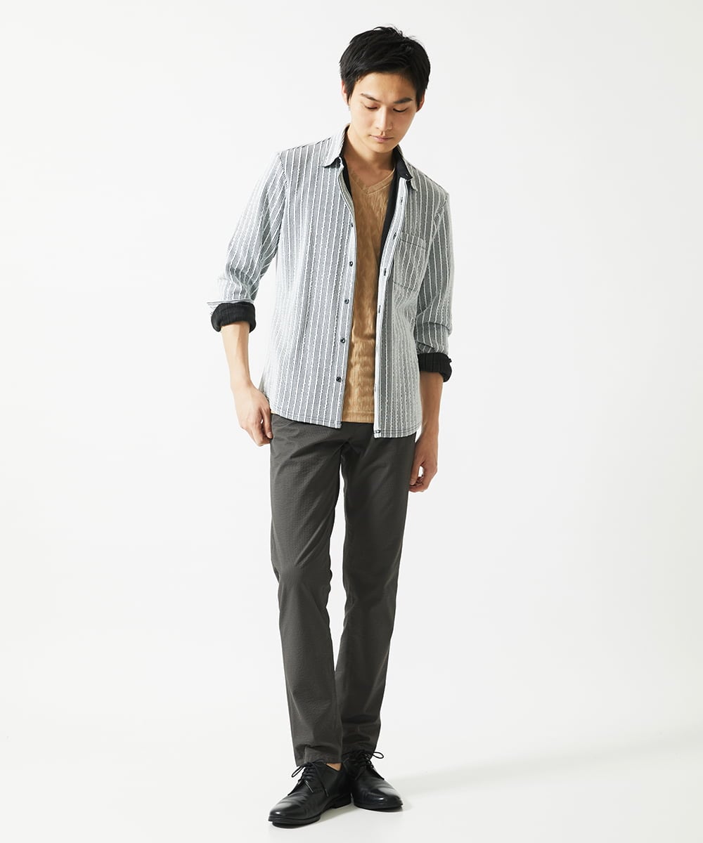 MKLHC01090 MK MICHEL KLEIN HOMME(MKミッシェルクランオム) 【洗える / 快適清涼素材】サマーサッカーストライプパンツ ダークグレー