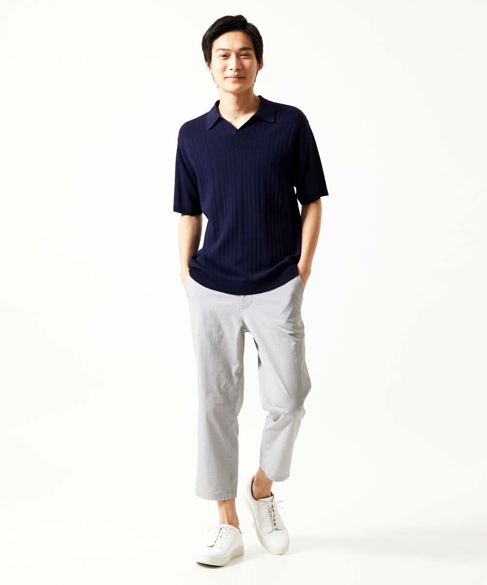 MKLHC08090 MK MICHEL KLEIN HOMME(MKミッシェルクランオム) 【洗える / 快適清涼素材】サッカーストライプ クロップドパンツ グレー