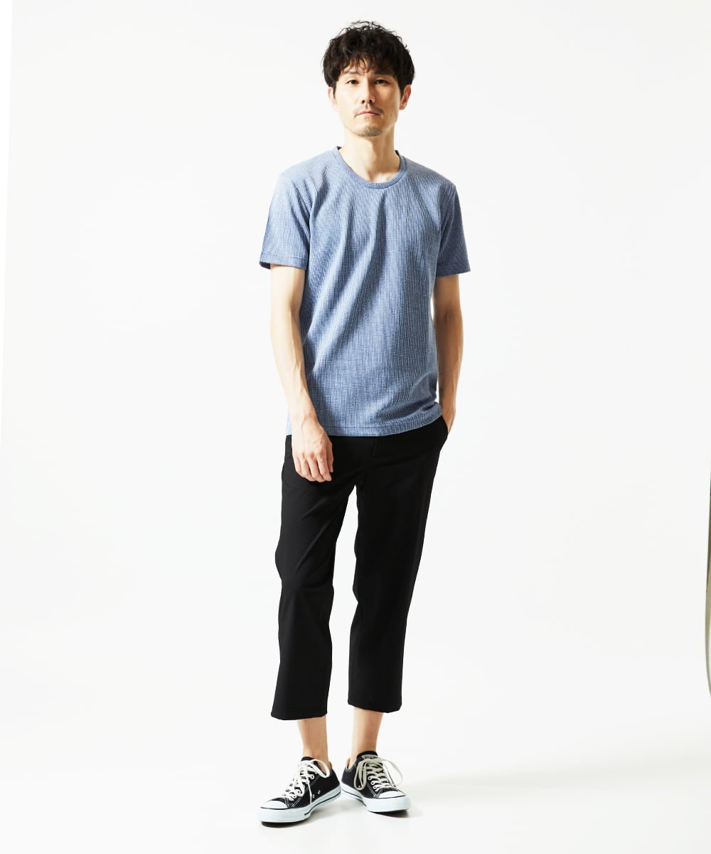 MKLHC08090 MK MICHEL KLEIN HOMME(MKミッシェルクランオム) 【洗える / 快適清涼素材】サマーサッカーストライプ クロップドパンツ ブラック