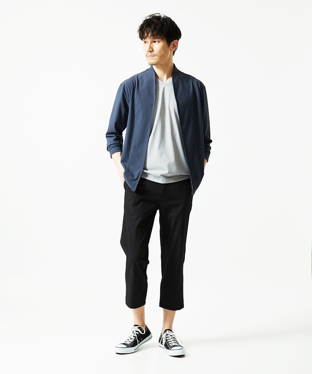 MKLHC08090 MK MICHEL KLEIN HOMME(MKミッシェルクランオム) 【洗える / 快適清涼素材】サマーサッカーストライプ クロップドパンツ ブラック