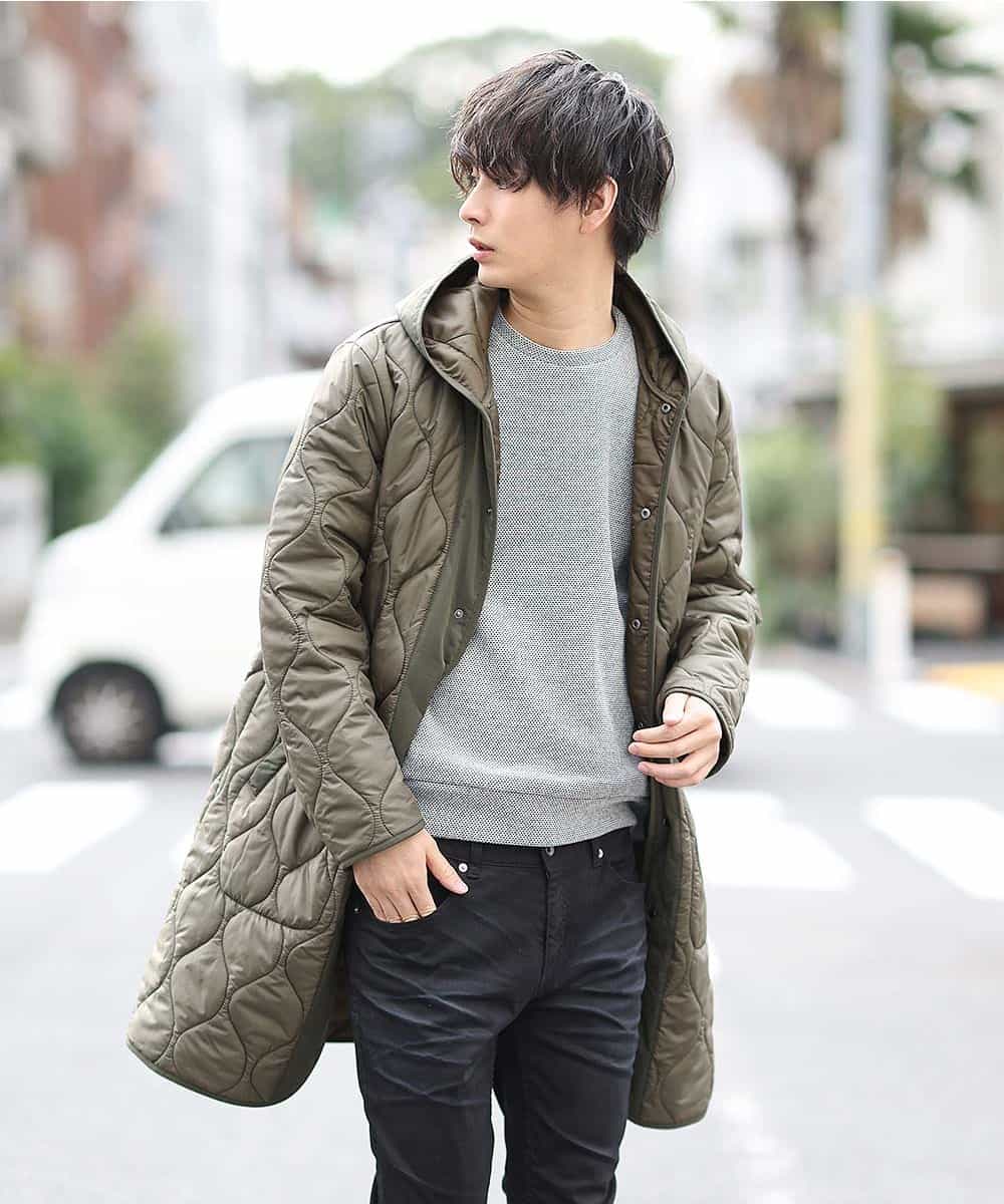 MKUAO05190 MK MICHEL KLEIN HOMME(MKミッシェルクランオム) 【軽量:防寒:トレンドシルエット】キルティングフードコート カーキ