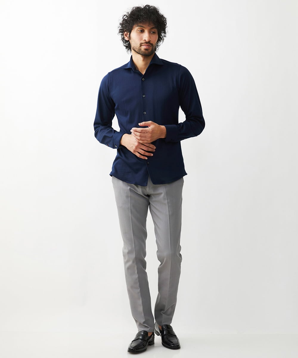 MNBAA70210 MICHEL KLEIN HOMME(ミッシェルクラン オム) 《日本製》ヘリンボン柄長袖シャツ ネイビー