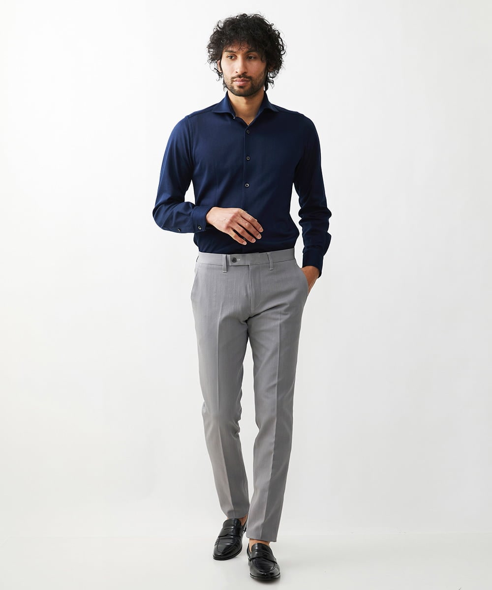 MNBAA70210 MICHEL KLEIN HOMME(ミッシェルクラン オム) 《日本製》ヘリンボン柄長袖シャツ ネイビー