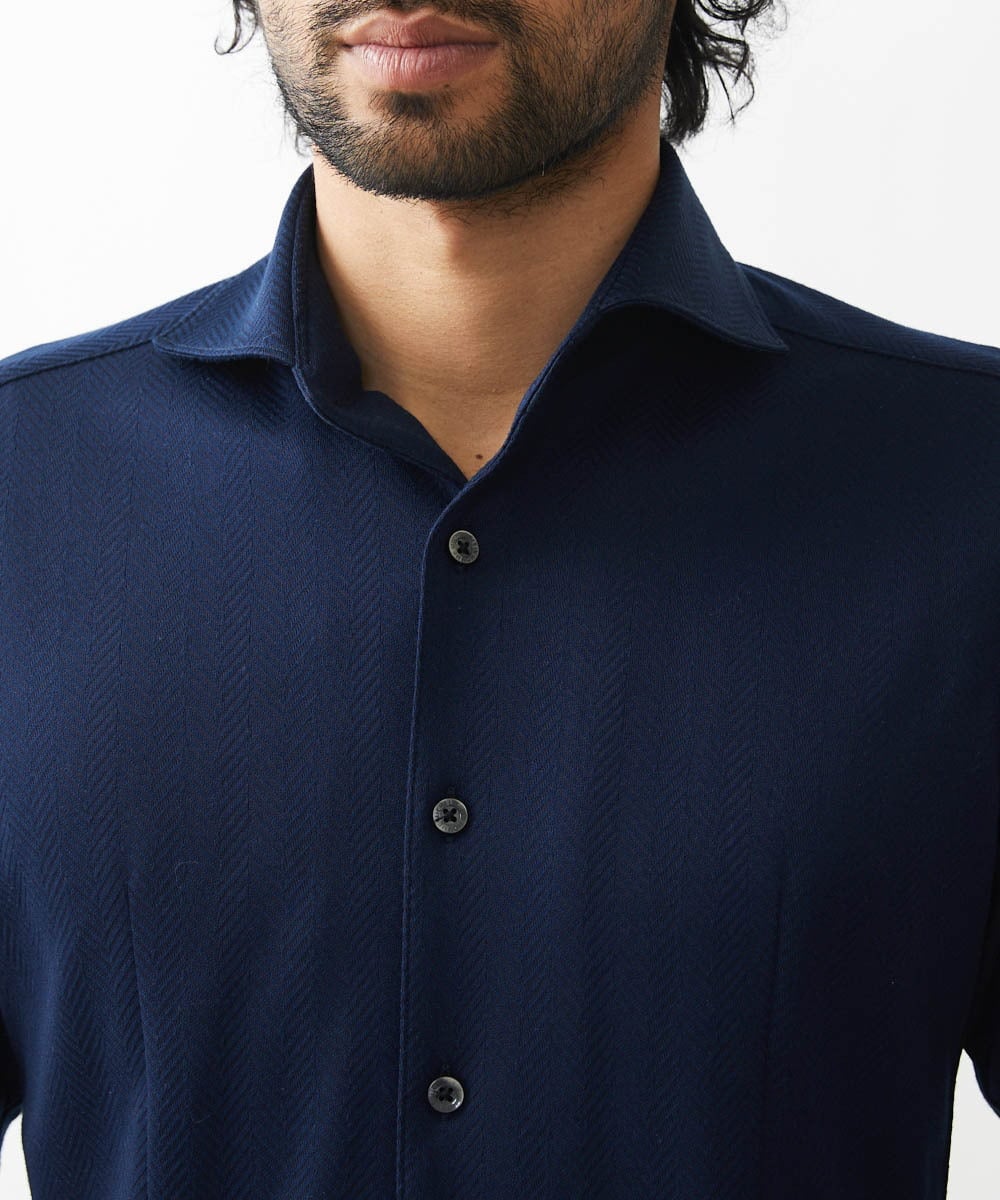 MNBAA70210 MICHEL KLEIN HOMME(ミッシェルクラン オム) 《日本製》ヘリンボン柄長袖シャツ ネイビー