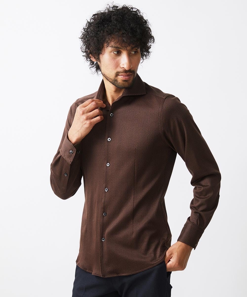 MNBAA70210 MICHEL KLEIN HOMME(ミッシェルクラン オム) 《日本製》ヘリンボン柄長袖シャツ ブラウン