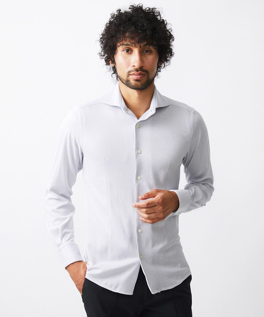 MNBAA70210 MICHEL KLEIN HOMME(ミッシェルクラン オム) 《日本製》ヘリンボン柄長袖シャツ ライトグレー