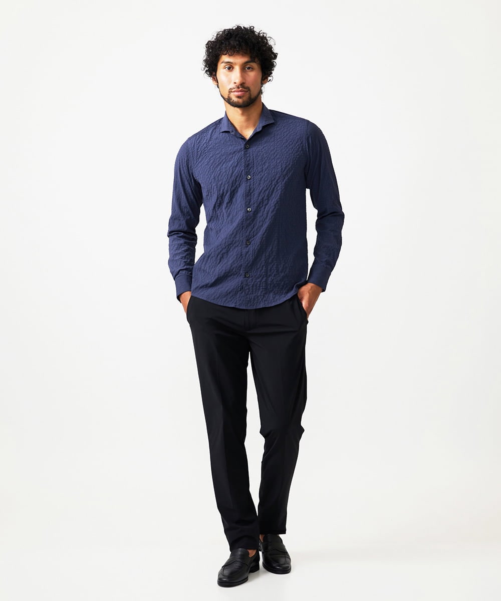 MNBAD26250 MICHEL KLEIN HOMME(ミッシェルクラン オム) シアーサッカー調長袖シャツ ネイビー