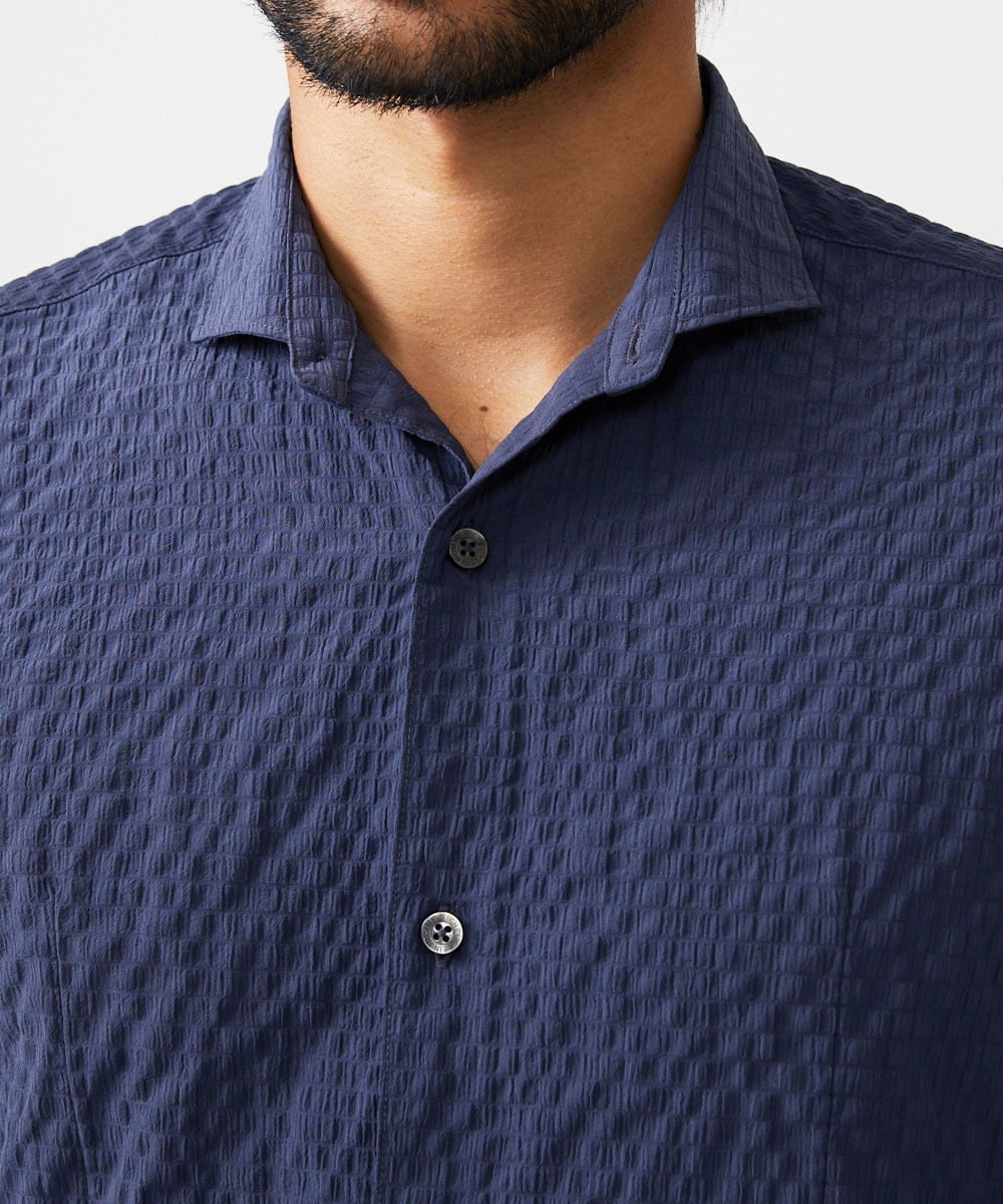 MNBAD26250 MICHEL KLEIN HOMME(ミッシェルクラン オム) シアーサッカー調長袖シャツ ネイビー