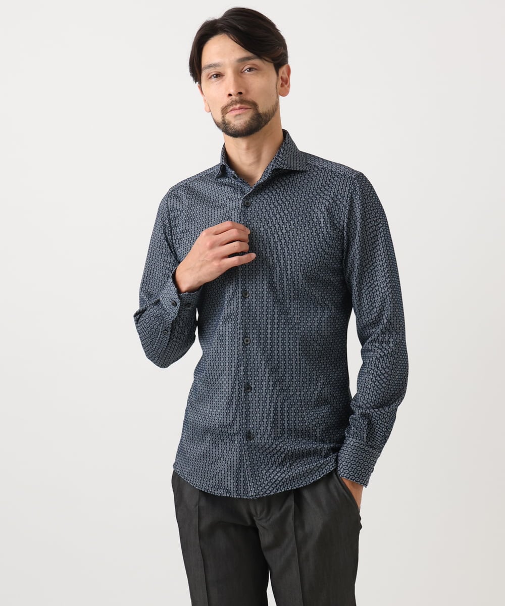 MNBAD70210 MICHEL KLEIN HOMME(ミッシェルクラン オム) 《日本製》ジャガード長袖シャツ ネイビー