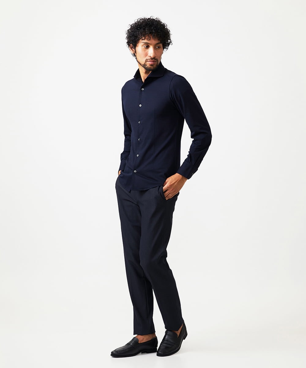 MNBAF01230 MICHEL KLEIN HOMME(ミッシェルクラン オム) シアサッカー長袖シャツ ネイビー