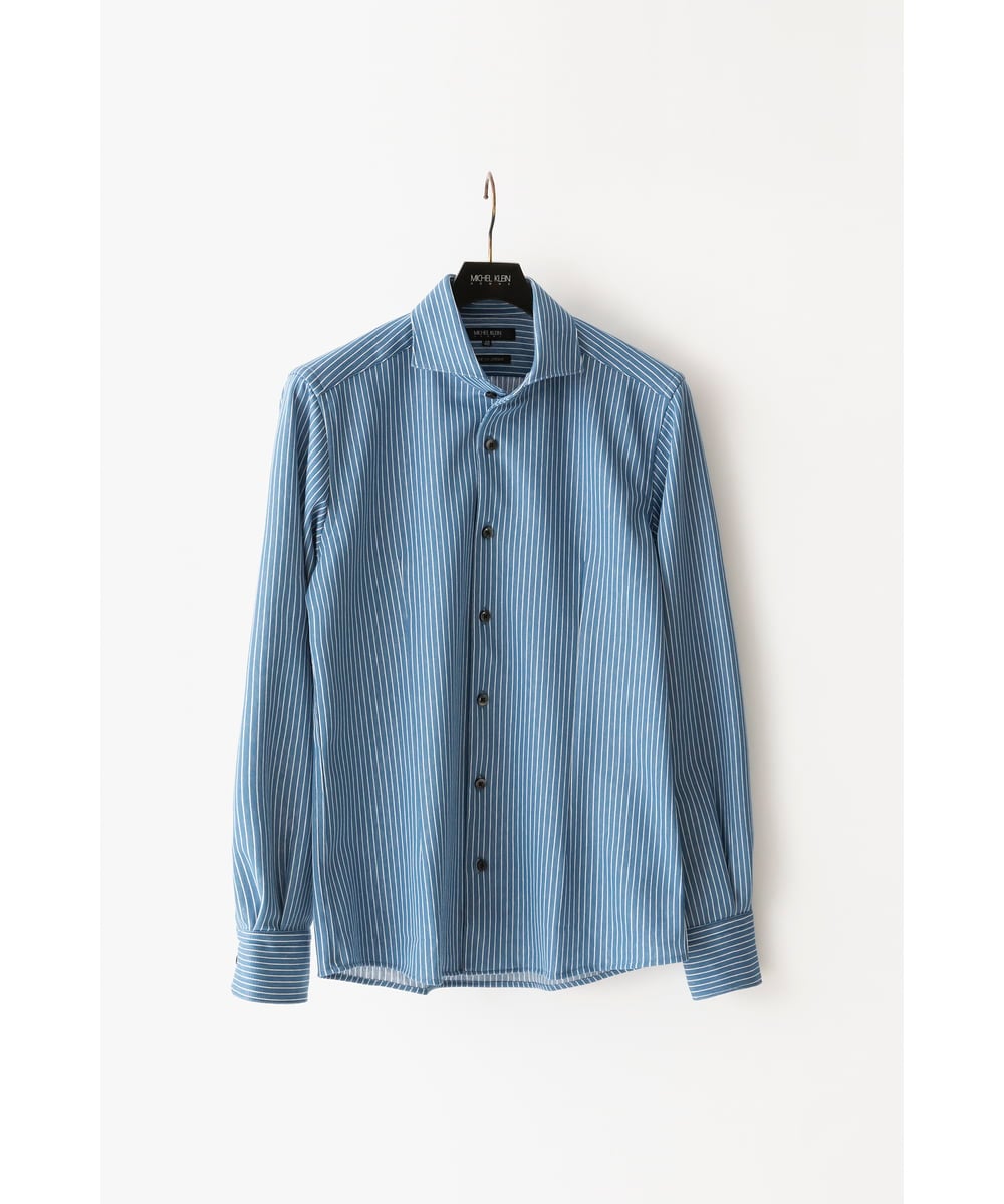 MNBAF55210 MICHEL KLEIN HOMME(ミッシェルクラン オム) 《日本製》ストライプ柄ジャージ長袖シャツ ブルー