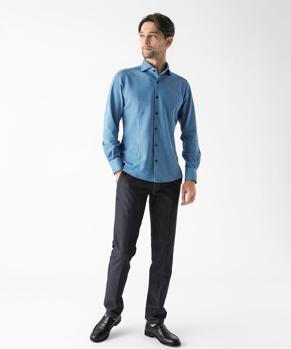 MNBAF55210 MICHEL KLEIN HOMME(ミッシェルクラン オム) 《日本製》ストライプ柄ジャージ長袖シャツ ブルー