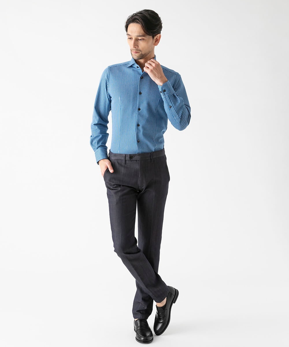 MNBAF55210 MICHEL KLEIN HOMME(ミッシェルクラン オム) 《日本製》ストライプ柄ジャージ長袖シャツ ブルー