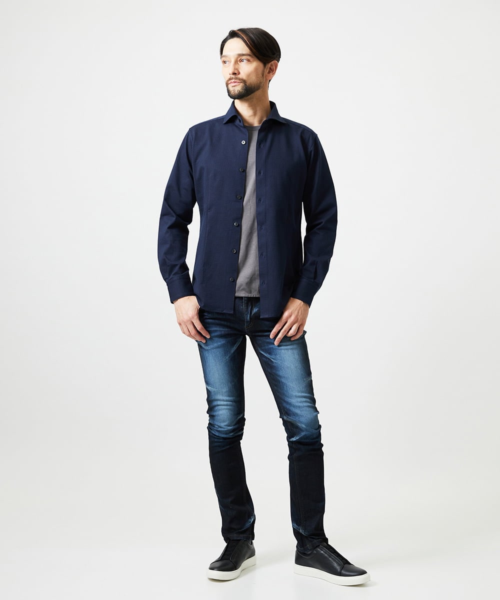 MNBAI02210 MICHEL KLEIN HOMME(ミッシェルクラン オム) 《日本製》ブロックイージーケア長袖シャツ ネイビー