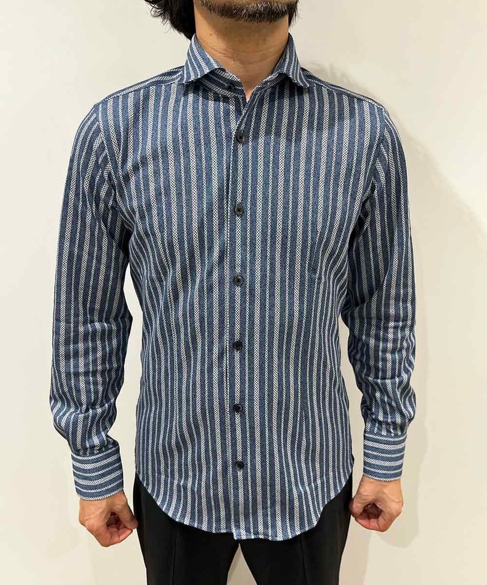 MNBAI04210 MICHEL KLEIN HOMME(ミッシェルクラン オム) 《日本製》ストライプ柄長袖シャツ ブルー