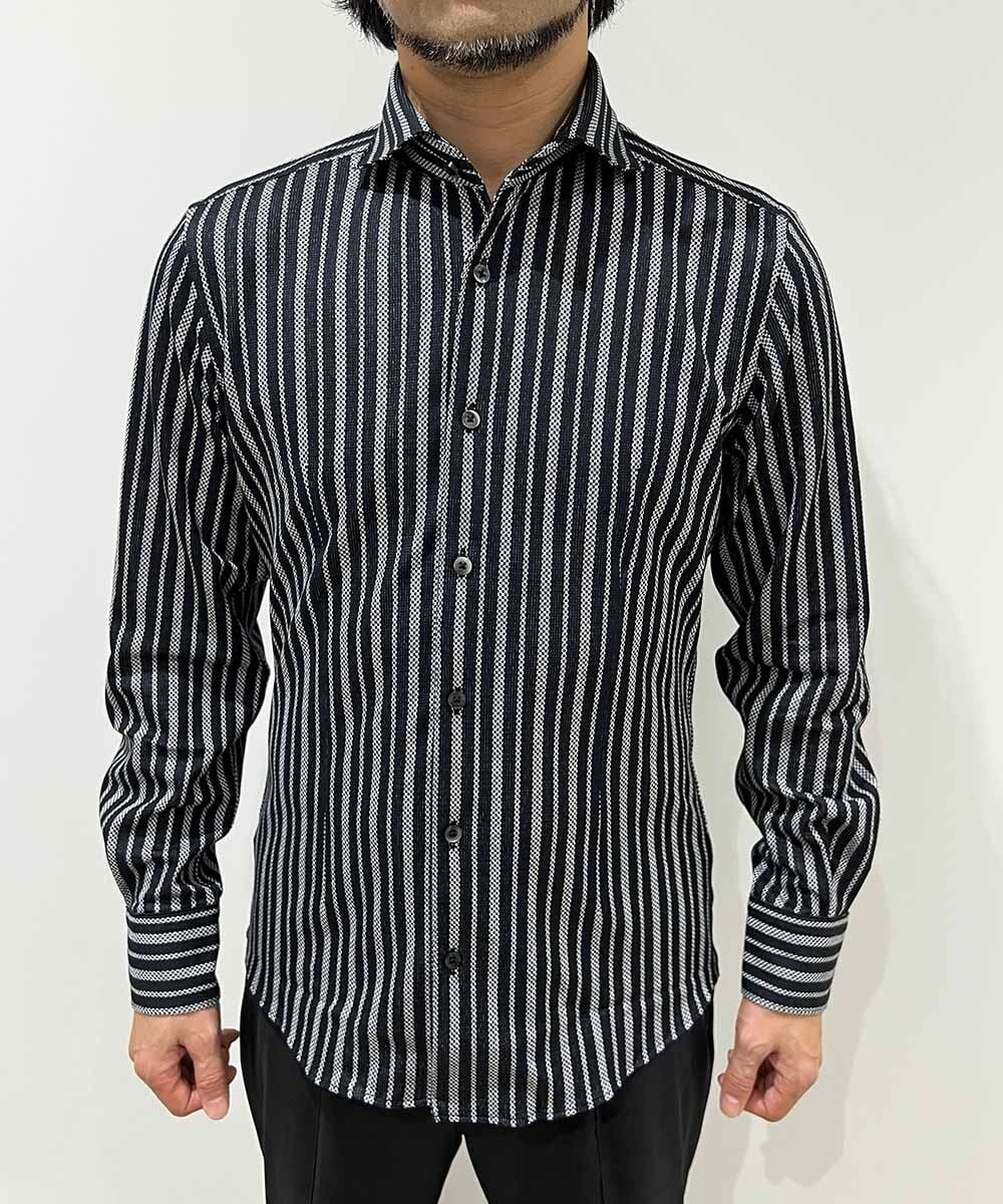 MNBAI04210 MICHEL KLEIN HOMME(ミッシェルクラン オム) 《日本製》ストライプ柄長袖シャツ ブラック