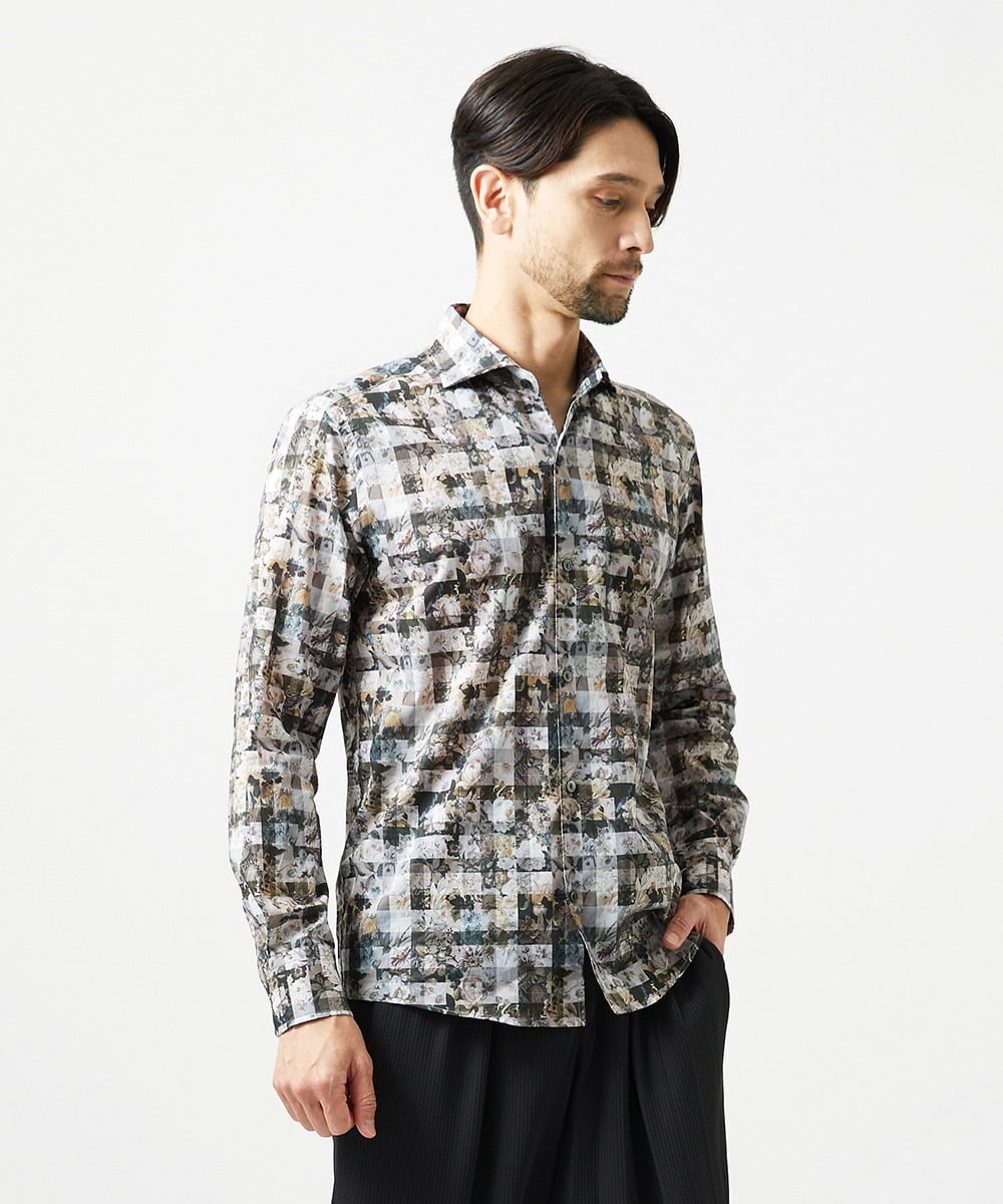 MNBAI60290 MICHEL KLEIN HOMME(ミッシェルクラン オム) 《日本製》総柄長袖シャツ ブラック