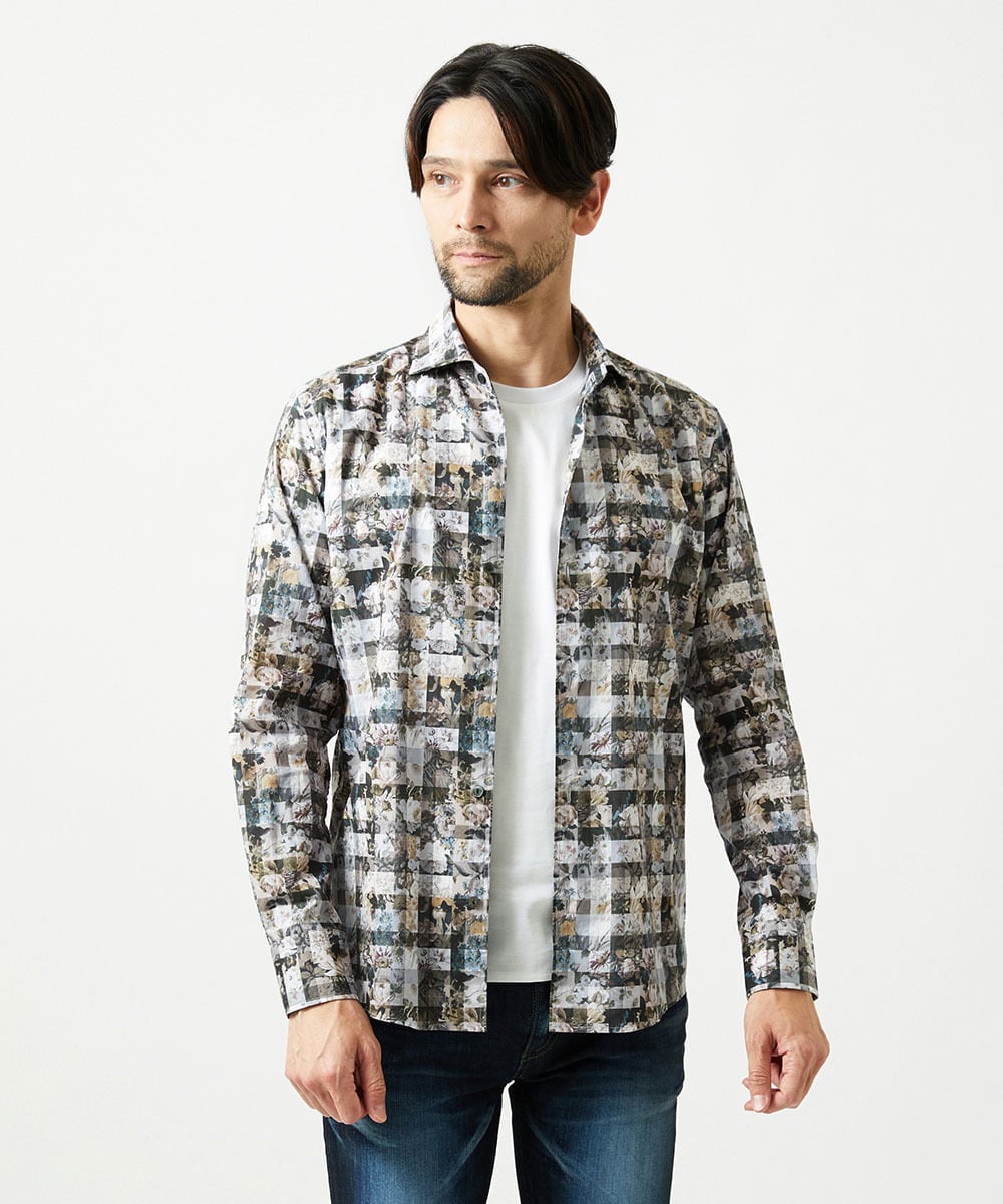 MNBAI60290 MICHEL KLEIN HOMME(ミッシェルクラン オム) 《日本製》総柄長袖シャツ ブラック