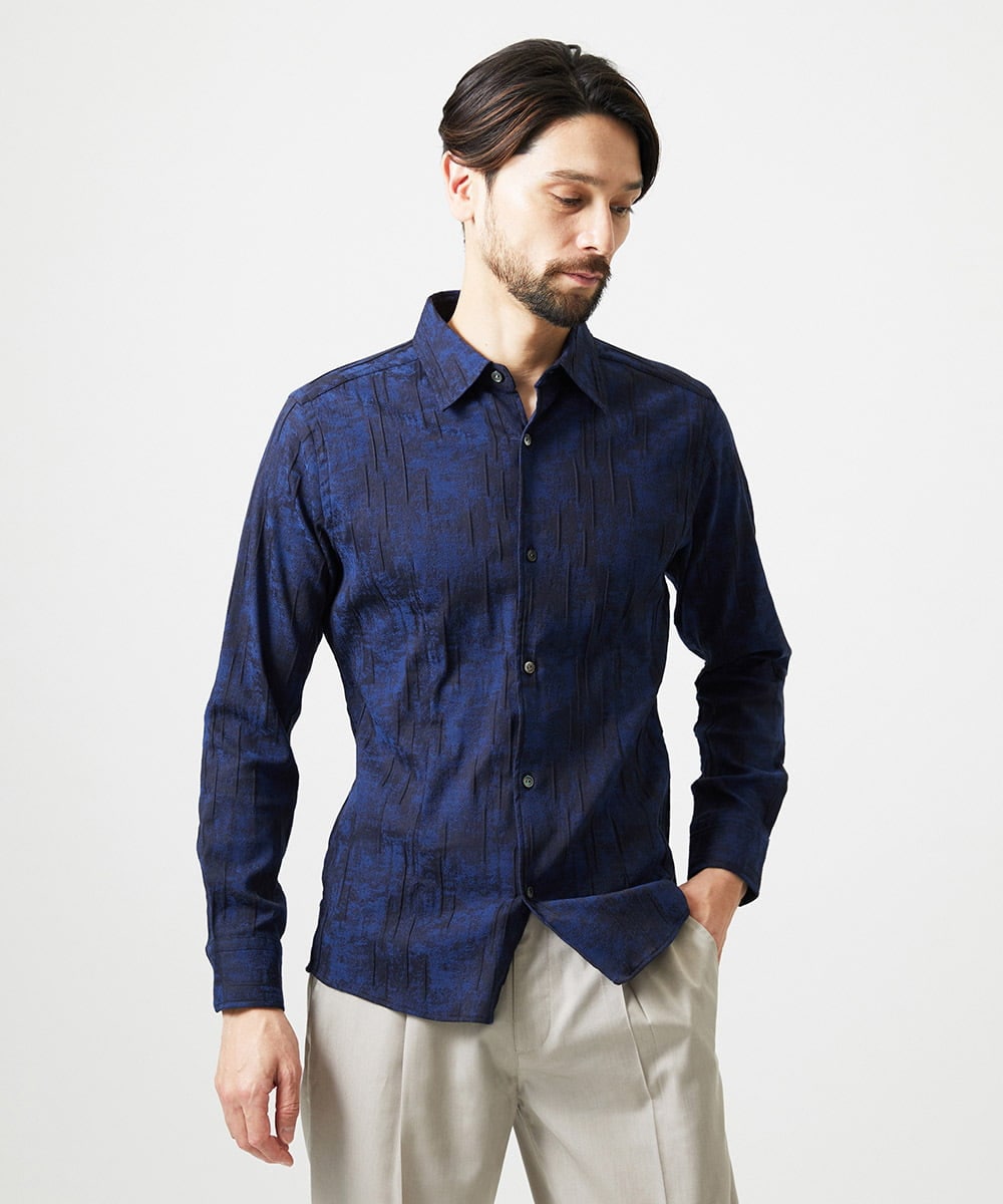MNBAI63270 MICHEL KLEIN HOMME(ミッシェルクラン オム) 総柄タック入り長袖シャツ ネイビー