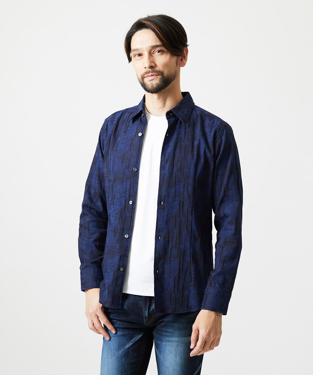 MNBAI63270 MICHEL KLEIN HOMME(ミッシェルクラン オム) 総柄タック入り長袖シャツ ネイビー