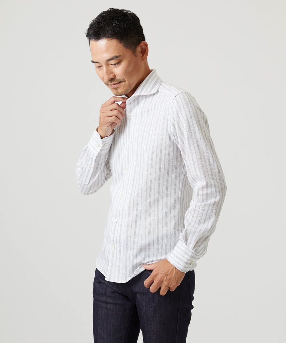 MNBCI04210 MICHEL KLEIN HOMME(ミッシェルクラン オム) 《日本製》ストライプ柄長袖シャツ ホワイト