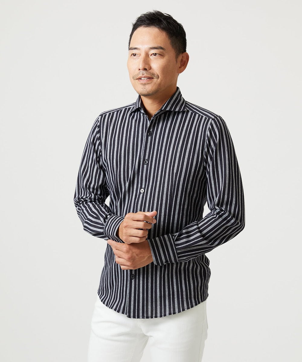 MNBCI04210 MICHEL KLEIN HOMME(ミッシェルクラン オム) 《日本製》ストライプ柄長袖シャツ ブラック