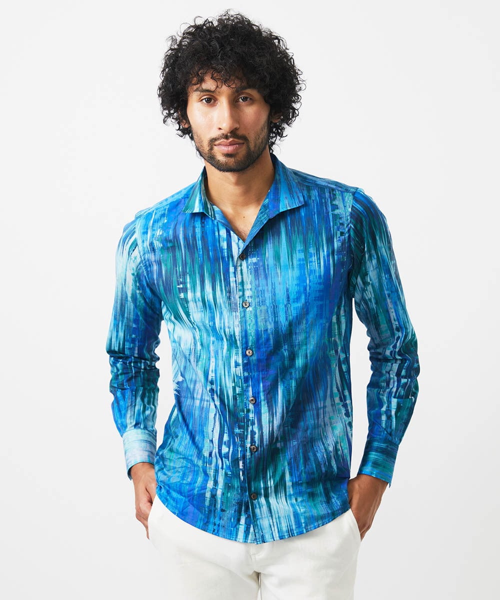 MNBDA56290 MICHEL KLEIN HOMME(ミッシェルクラン オム) 《日本製》総柄長袖シャツ ブルー