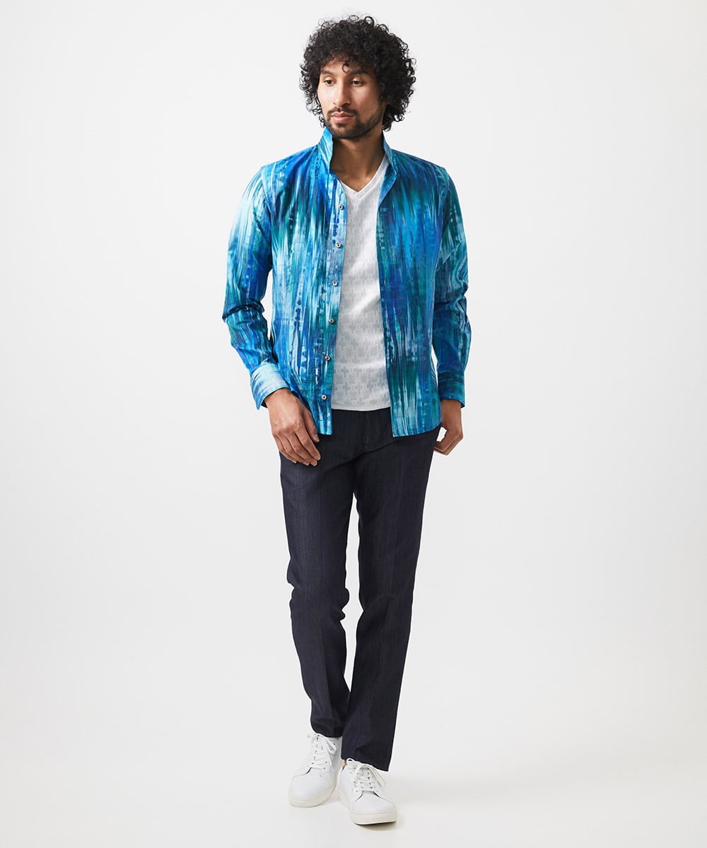 MNBDA56290 MICHEL KLEIN HOMME(ミッシェルクラン オム) 《日本製》総柄長袖シャツ ブルー