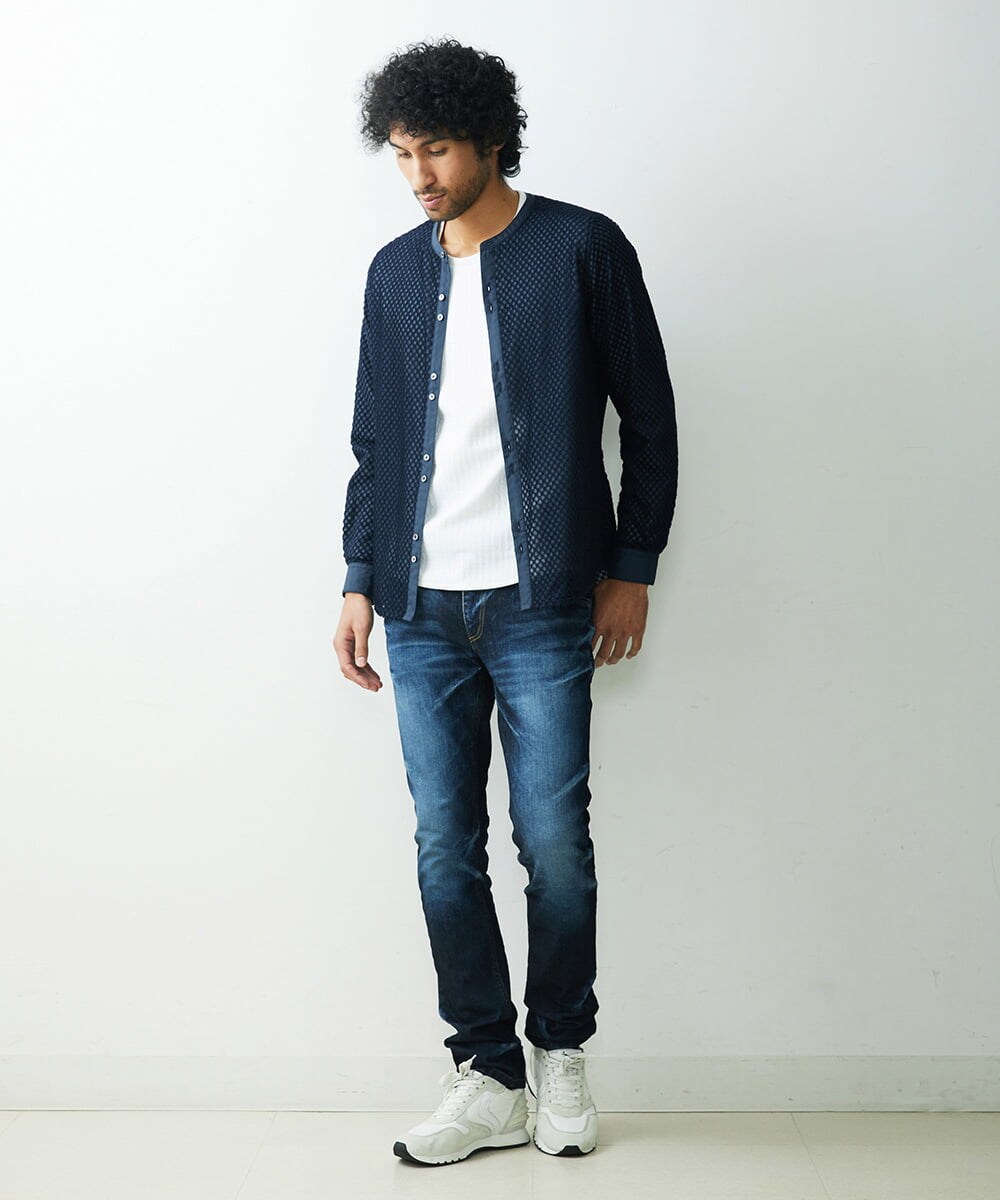 MNBDS21270 MICHEL KLEIN HOMME(ミッシェルクラン オム) 幾何柄ジャガードシャツ ネイビー(57)