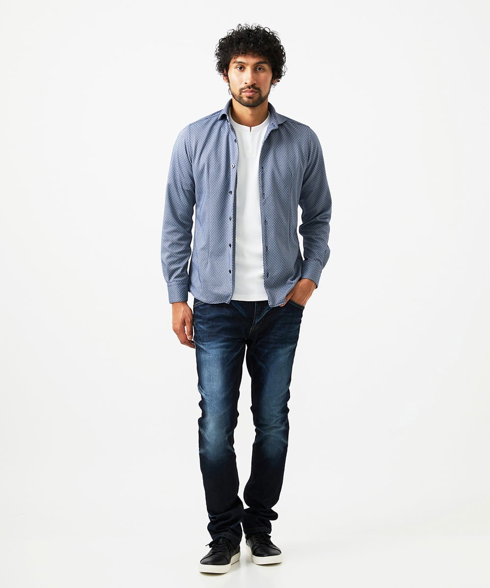 MNBGC51210 MICHEL KLEIN HOMME(ミッシェルクラン オム) 《日本製》ジャガード柄長袖シャツ ブルー