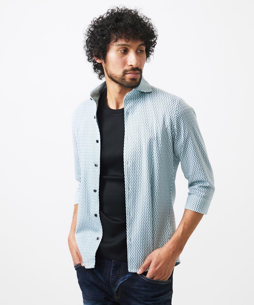 MNBGC60200 MICHEL KLEIN HOMME(ミッシェルクラン オム) 《日本製》ストレッチラッセル七分袖シャツ エメラルドグリーン