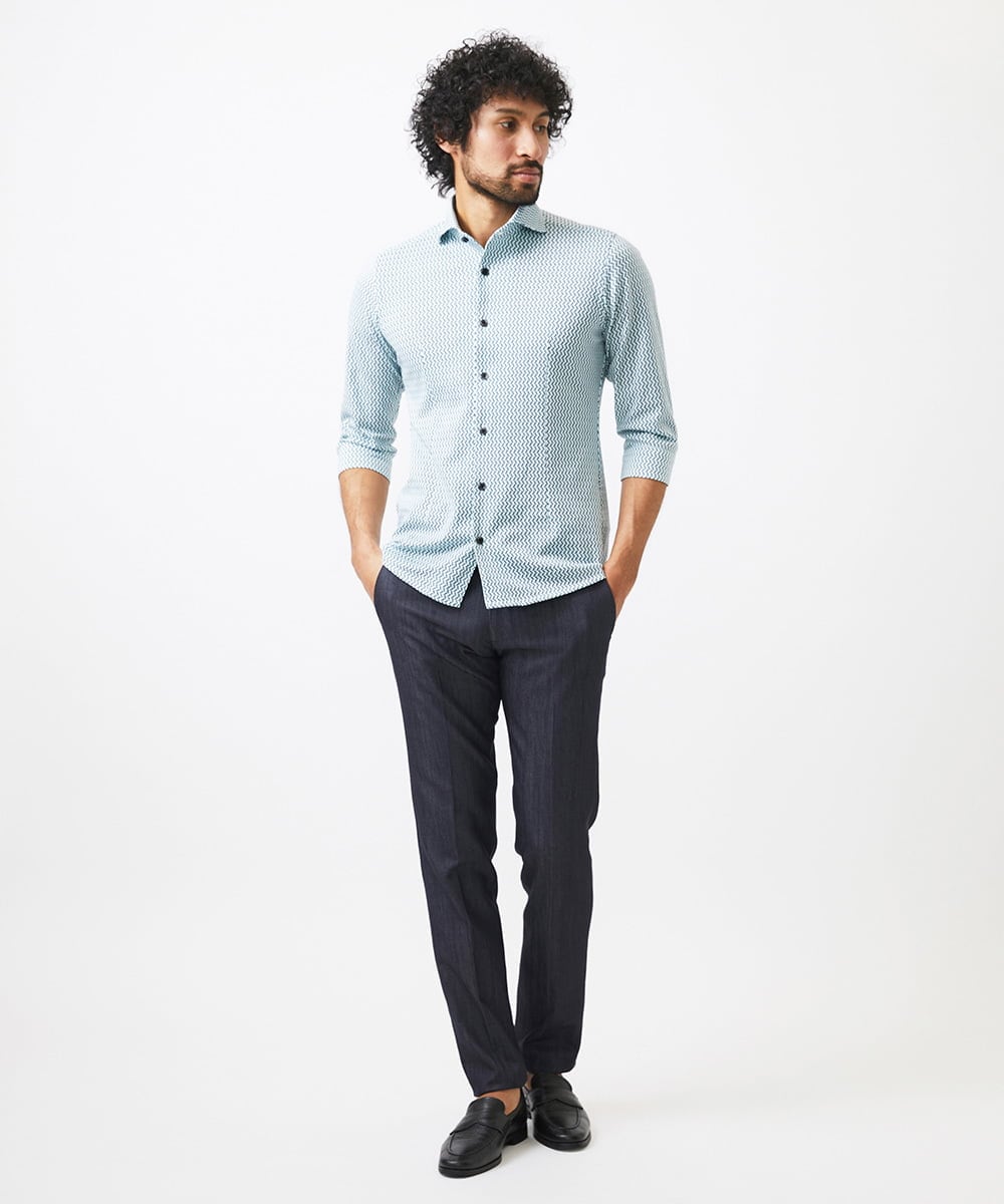 MNBGC60200 MICHEL KLEIN HOMME(ミッシェルクラン オム) 《日本製》ストレッチラッセル七分袖シャツ エメラルドグリーン