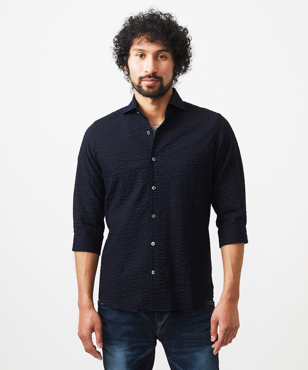 MNBGC67230 MICHEL KLEIN HOMME(ミッシェルクラン オム) リップルストライプ七分袖シャツ ネイビー