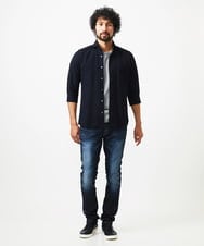MNBGC67230 MICHEL KLEIN HOMME(ミッシェルクラン オム) リップルストライプ七分袖シャツ ネイビー