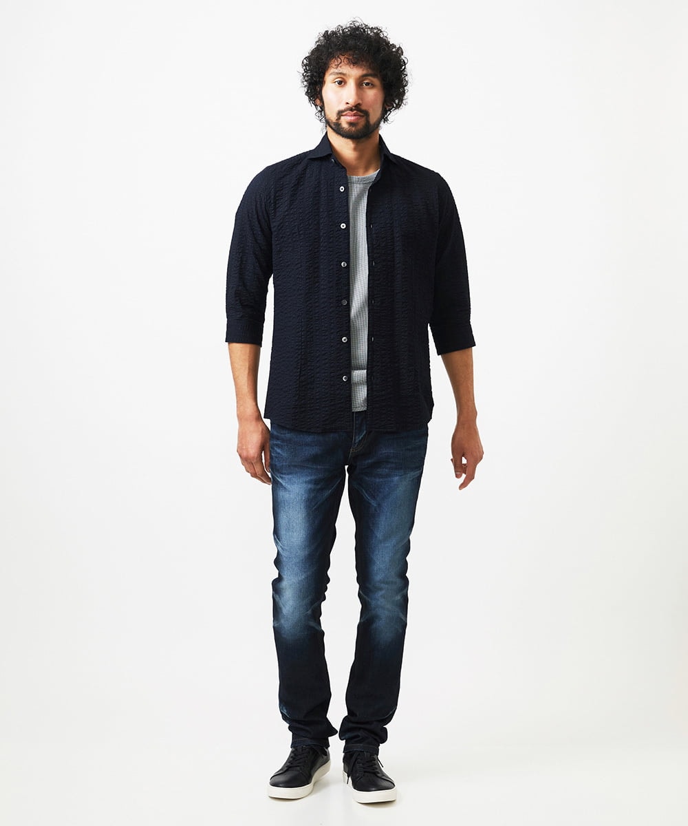 MNBGC67230 MICHEL KLEIN HOMME(ミッシェルクラン オム) リップルストライプ七分袖シャツ ネイビー