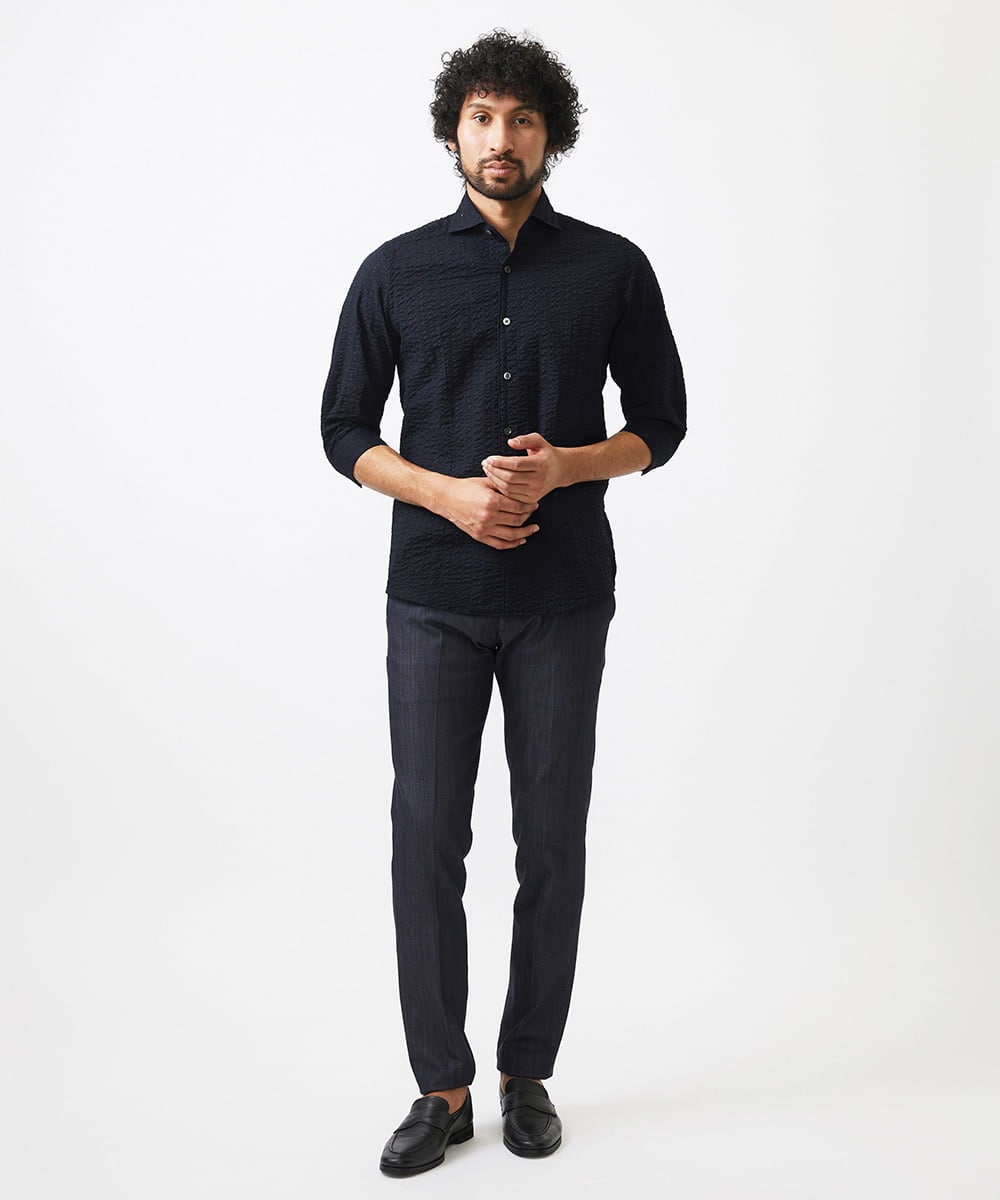 MNBGC67230 MICHEL KLEIN HOMME(ミッシェルクラン オム) リップルストライプ七分袖シャツ ネイビー
