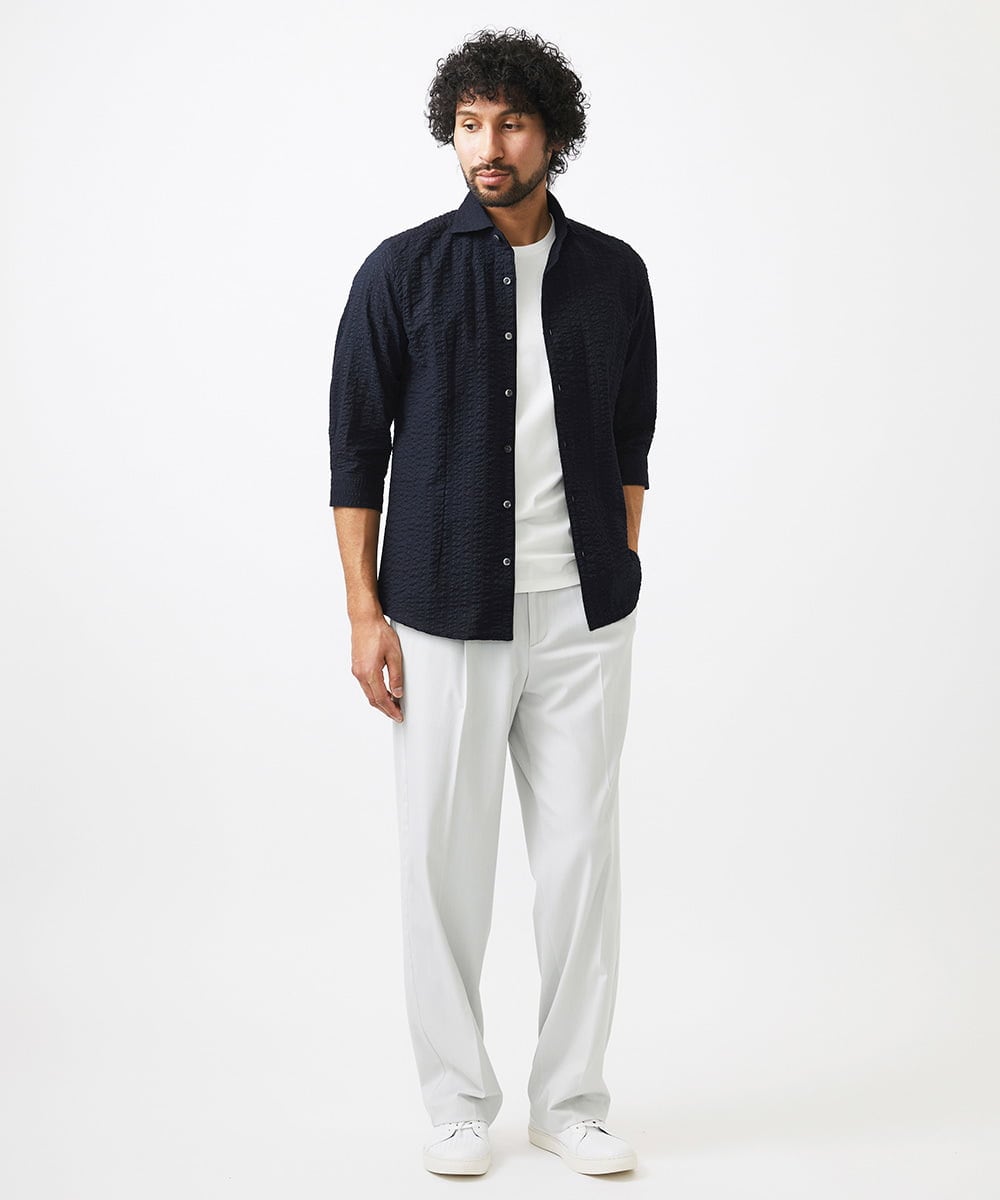MNBGC67230 MICHEL KLEIN HOMME(ミッシェルクラン オム) リップルストライプ七分袖シャツ ネイビー