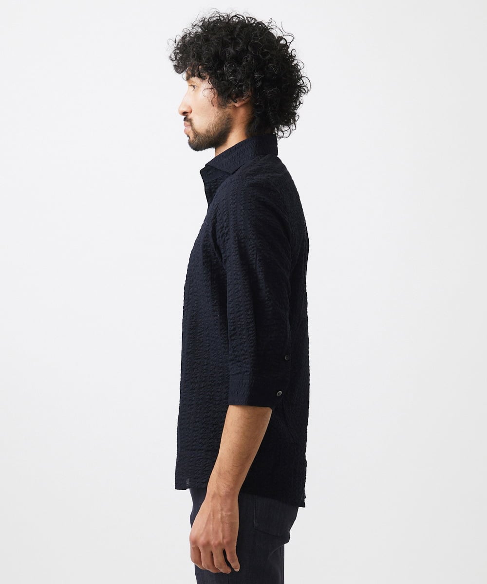 MNBGC67230 MICHEL KLEIN HOMME(ミッシェルクラン オム) リップルストライプ七分袖シャツ ネイビー