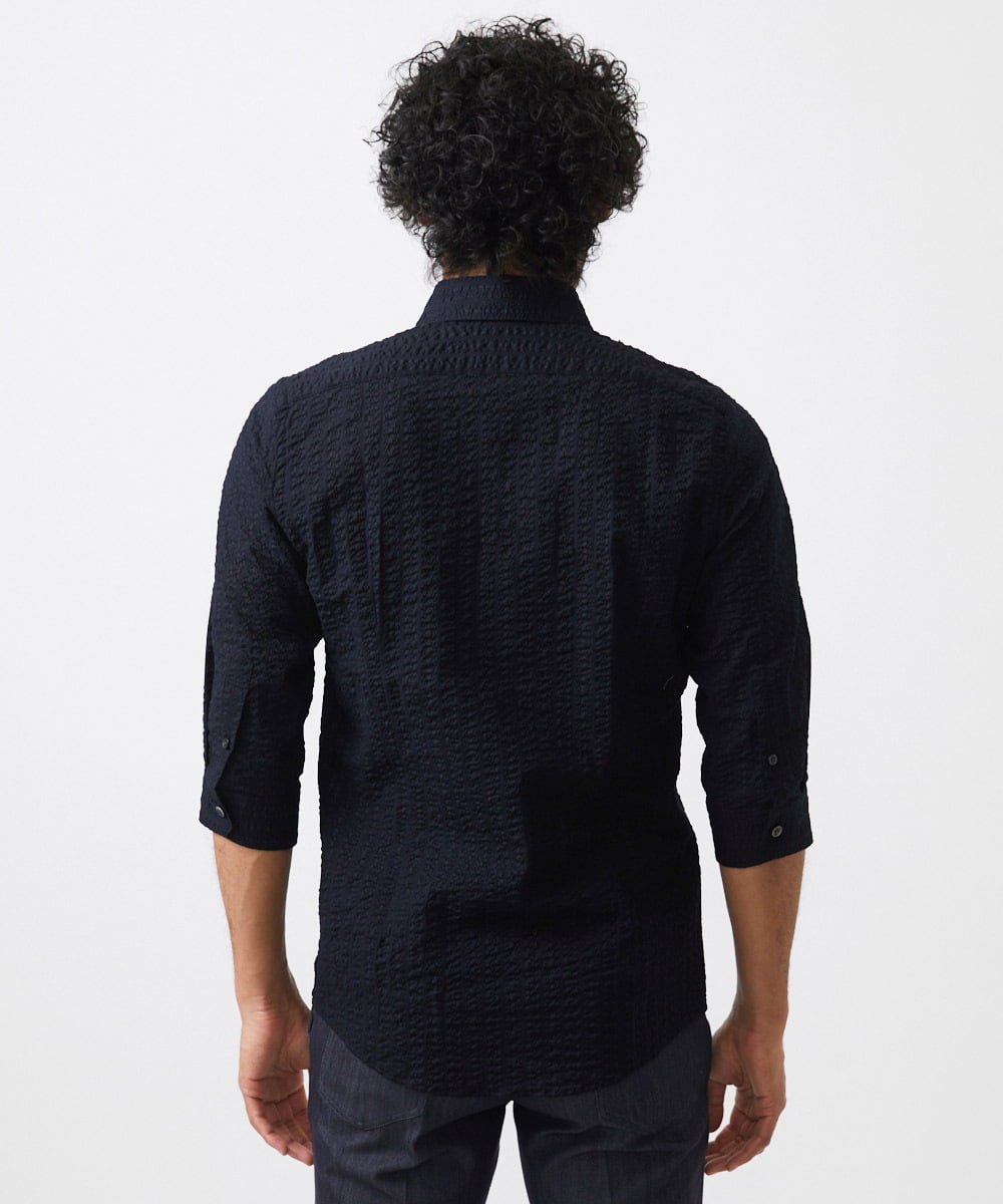 MNBGC67230 MICHEL KLEIN HOMME(ミッシェルクラン オム) リップルストライプ七分袖シャツ ネイビー