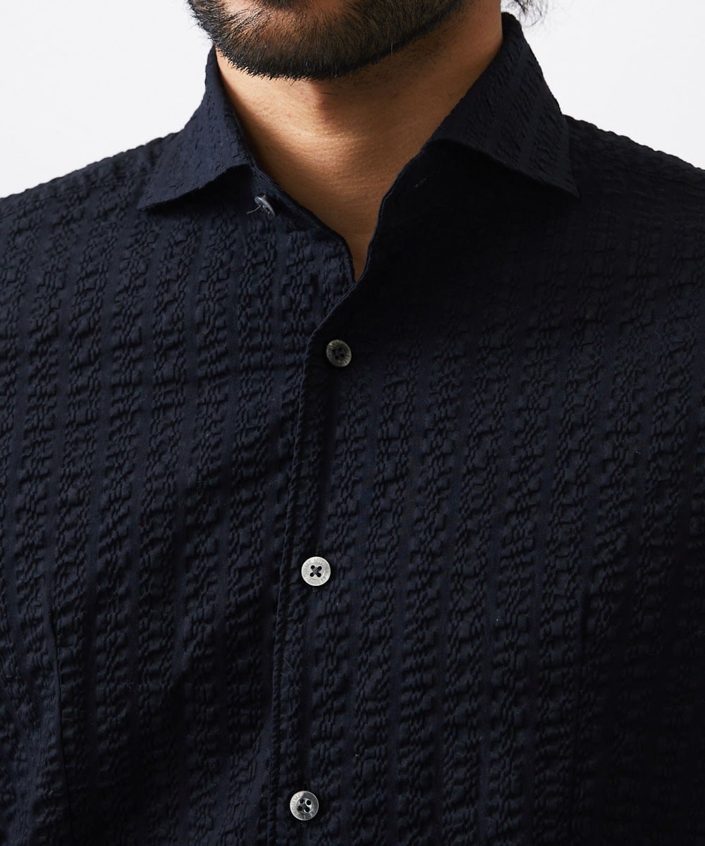 MNBGC67230 MICHEL KLEIN HOMME(ミッシェルクラン オム) リップルストライプ七分袖シャツ ネイビー