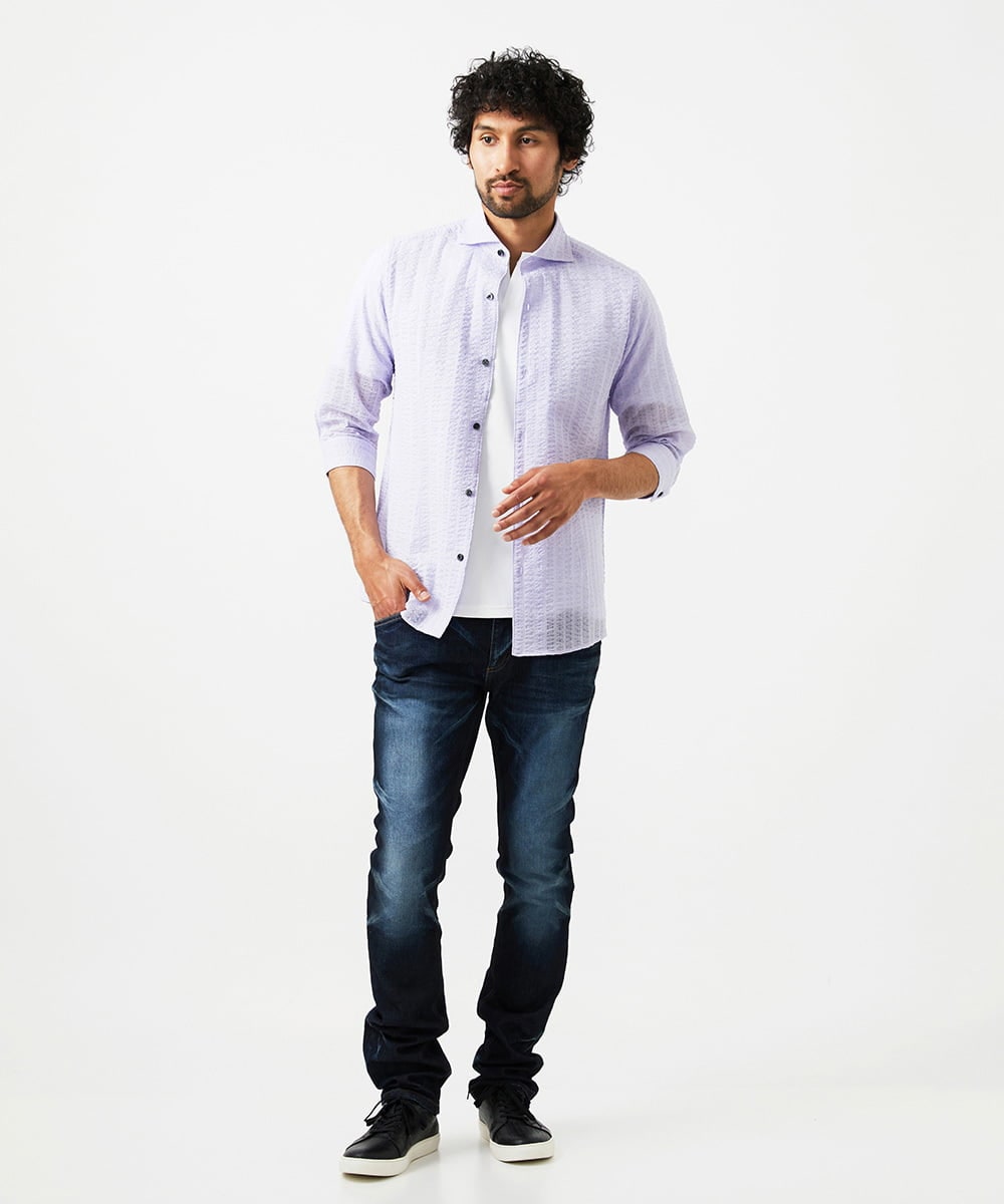 MNBGC67230 MICHEL KLEIN HOMME(ミッシェルクラン オム) リップルストライプ七分袖シャツ ラベンダー